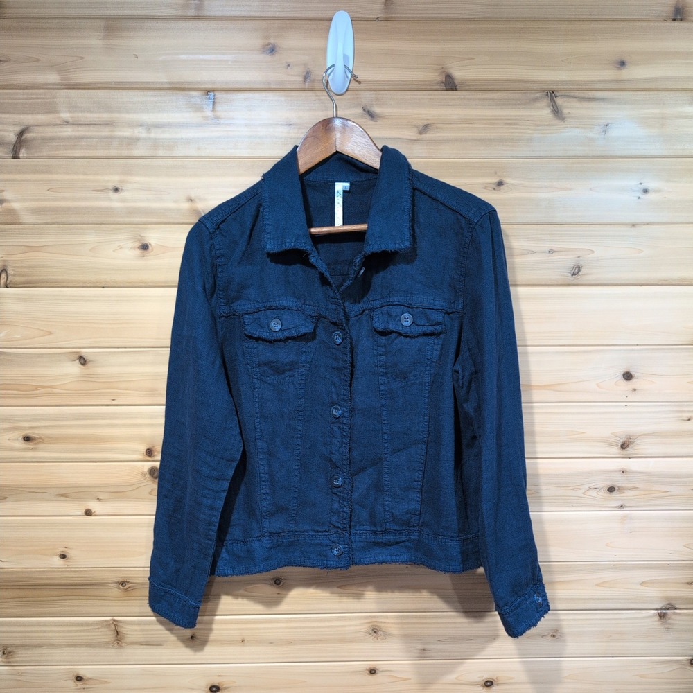 Lulu-B Navy Blue 100% Linen Frayed Edge Trucker Jacket Womens Large
